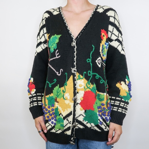 Vintage 90s Just Better Sweater designs by Lisa Coufal Rooster Cardigan Sweater - Picture 4 of 15